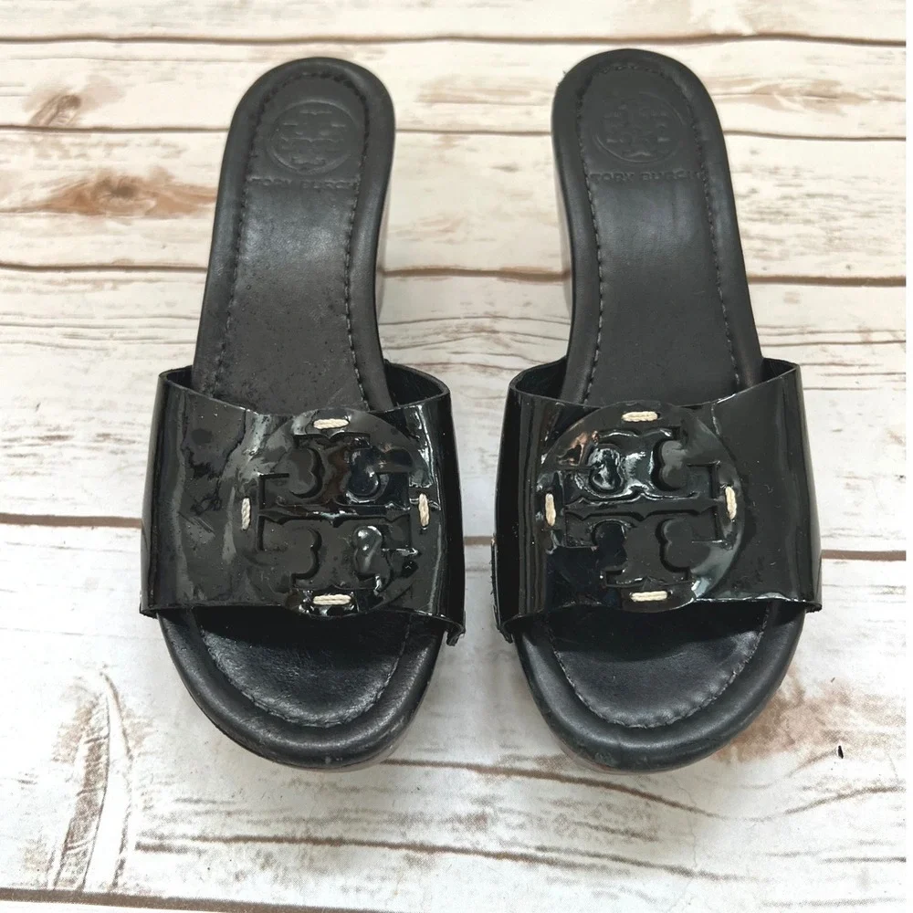 Tory Burch Wedge Sandals Black Patent Leather Logo Slide 8.5